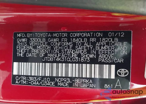 2012 Toyota Yaris from USA, damaged, VIN JTDBT4K31CL031873